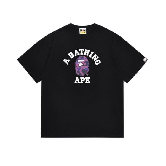 Black BAPE T-Shirt with "A BATHING APE" College Logo and Purple Camo Ape Head